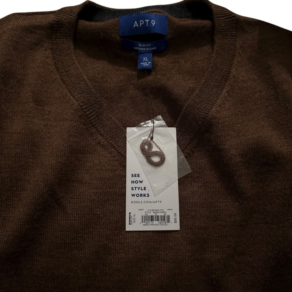 Men’s Apt 9 Merino Wool Blend Brown V Neck Long Sleeve Sweater - Picture 2 of 8